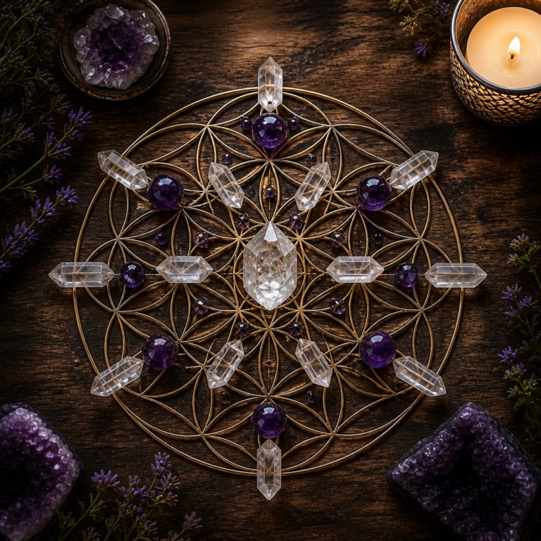 Flower of Life Crystal Grid pattern with gold sacred geometry on dark background