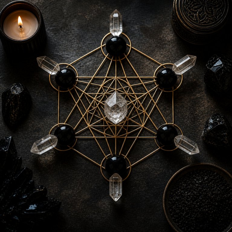 Merkaba Crystal Grid star tetrahedron pattern gold on dark