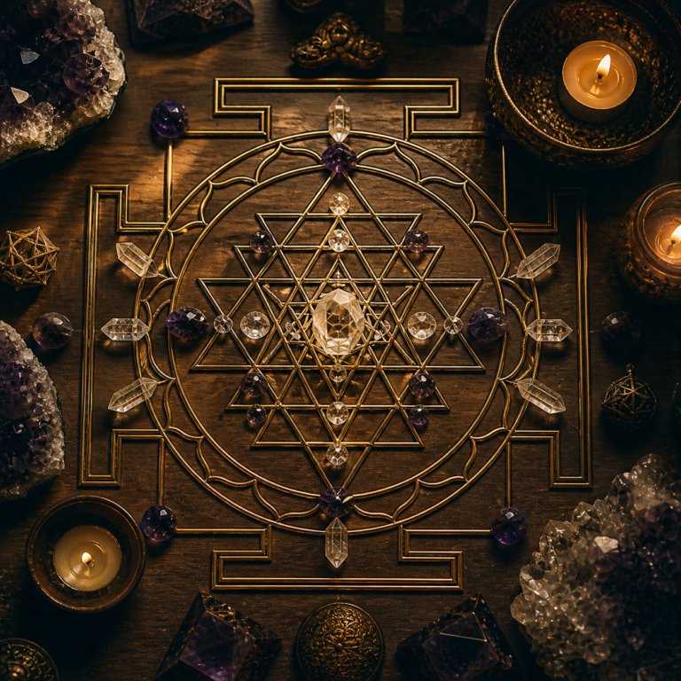 Sri Yantra crystal grid 9 triangles gold sacred geometry