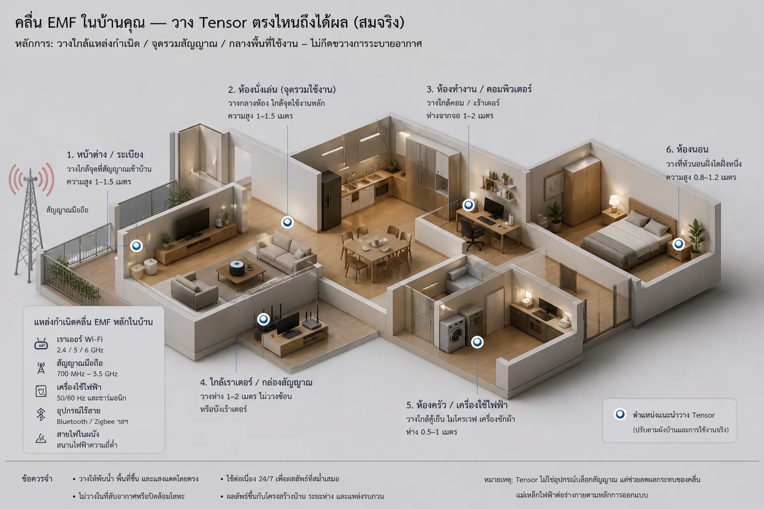 คลื่น EMF ในบ้านคุณ — แผนที่ 6 จุดวาง Tensor Ring สมจริง · 3D isometric · Anunaki Workshop