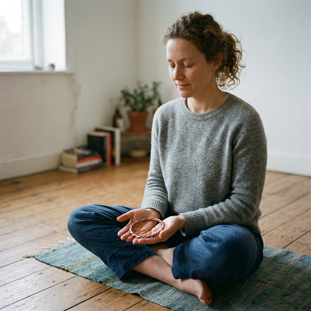 Person sitting cross-legged meditating holding a copper Tensor Ring in their palms