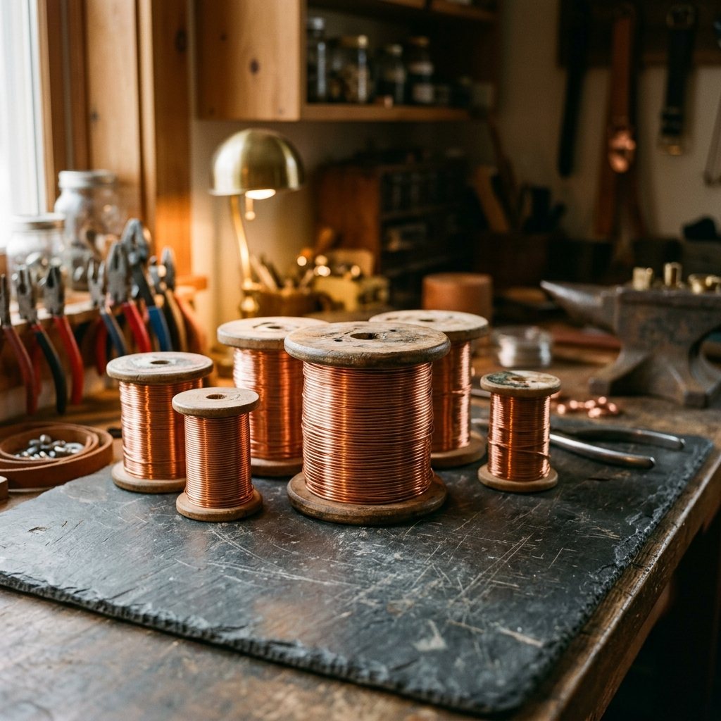 Pure copper wire spools and crafting tools in the workshop