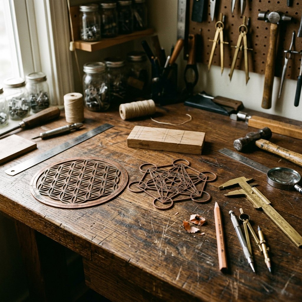 Craftsman workshop workbench with handcrafted copper templates of Flower of Life and sacred geometry diagrams
