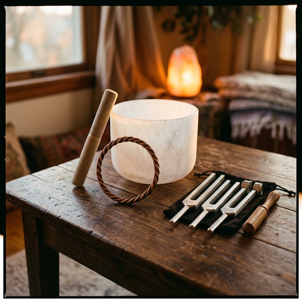 Pure copper tensor ring resting next to quartz crystal singing bowl and metal tuning forks