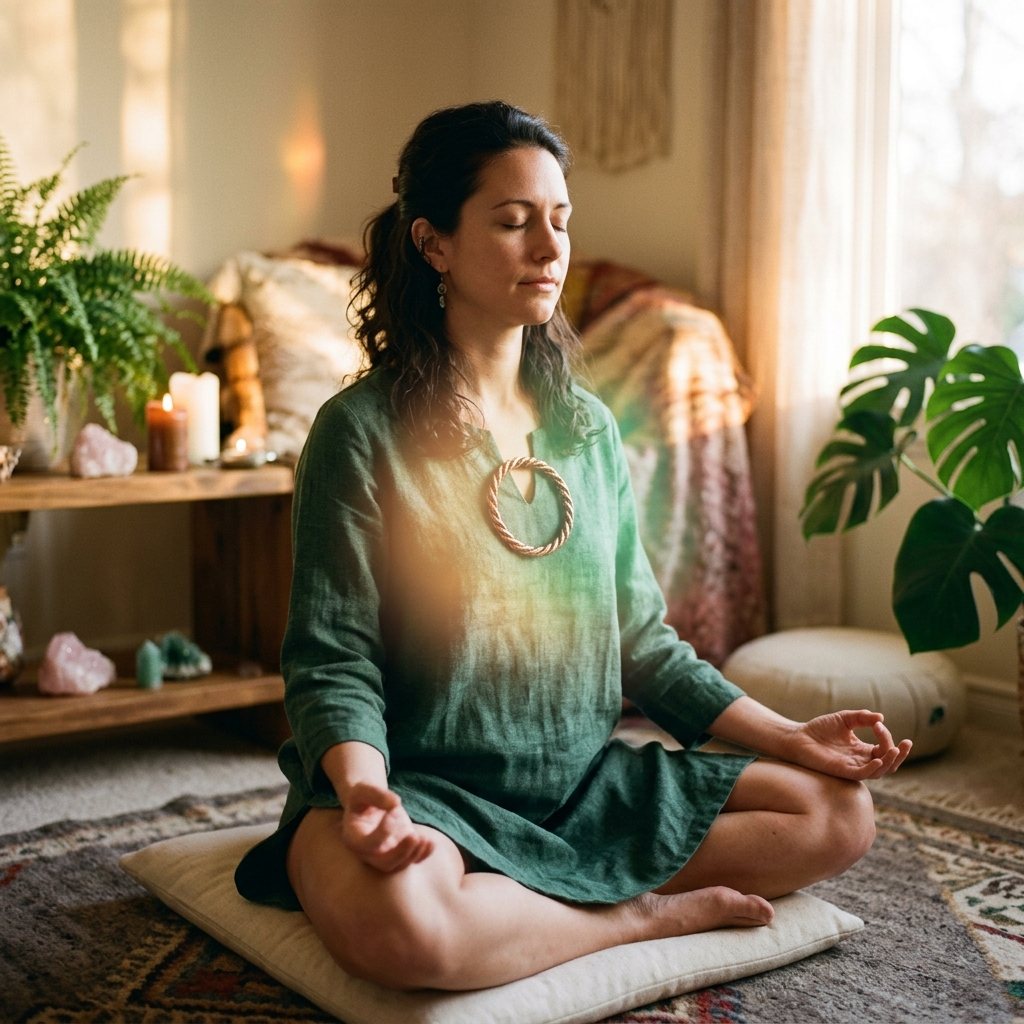 A person meditating with a copper tensor ring resting over their chest, glowing with gold and green lights