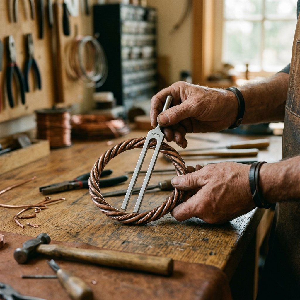 A close-up of a craftsman tuning a copper tensor ring with a tuning fork on a workbench