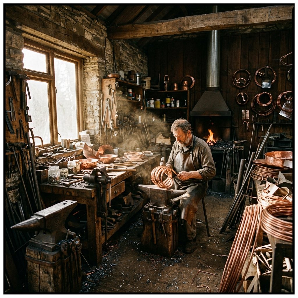 Organized copper coil workshop at dawn